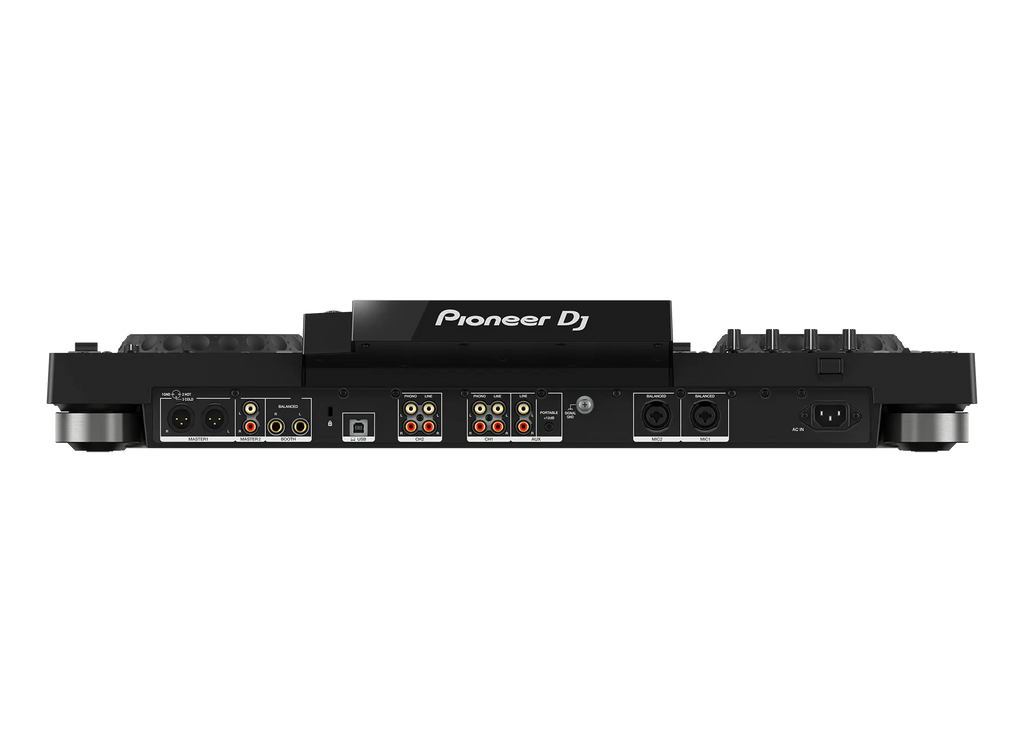 Pioneer DJ mixer rear panel with audio inputs, outputs, USB, and power connections for professional event setups.