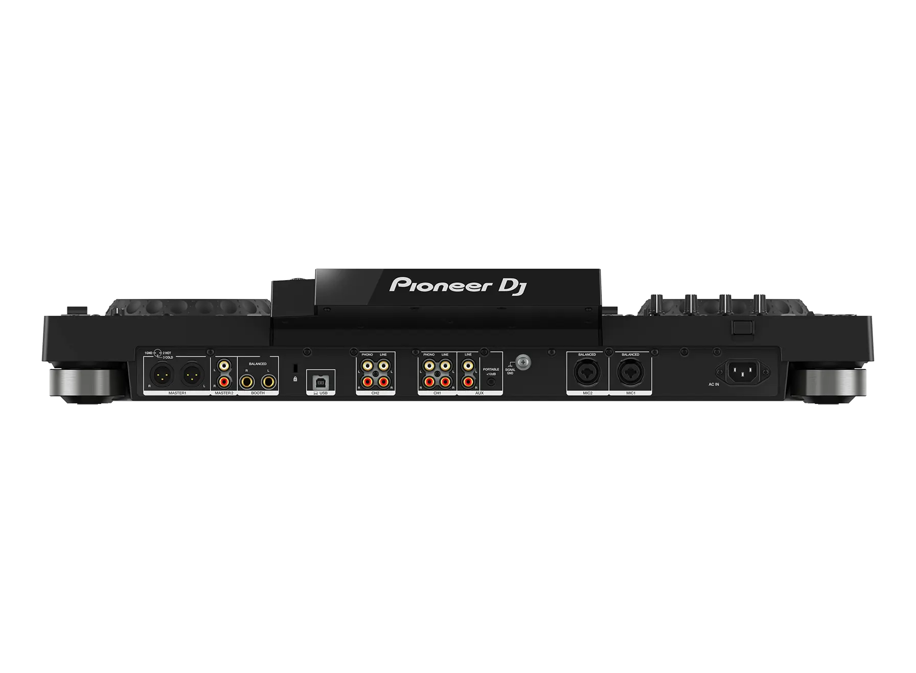 Pioneer DJ mixer rear panel with audio inputs, outputs, USB, and power connections for professional event setups.