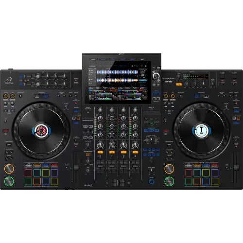 Professional DJ controller with dual turntables, mixer, and digital display for live music events