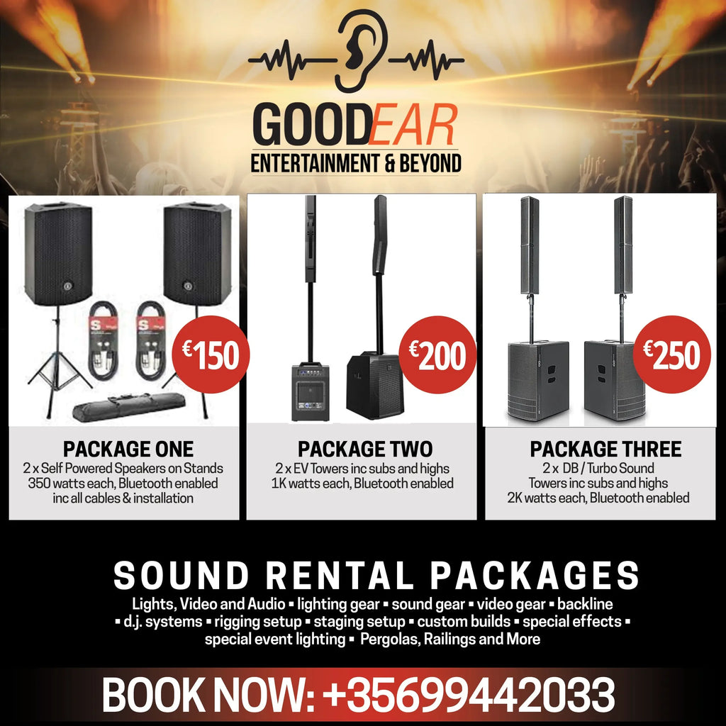Sound rental packages with Bluetooth-enabled speakers, EV towers, and DB/Turbo Sound systems for events in Malta